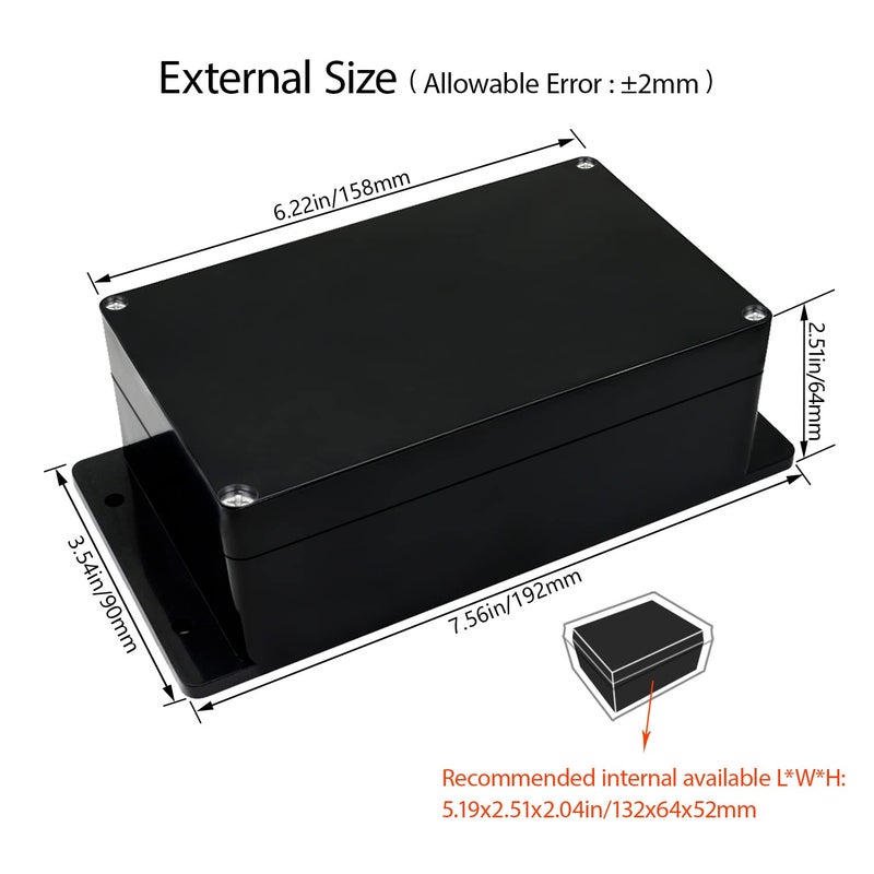 LMioEtool Junction Box Waterproof Dustproof IP65 ABS Plastic Universal Electric Project Enclosure Black with Fixed Ear 6.22"x3.54"x2.36"(158 x 90 x 60 mm) - Image 2